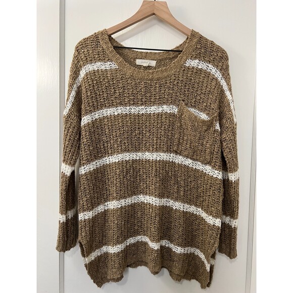 Onetheland Women's Tan White Stripe Knit Sweater Pocket Size S - Picture 1 of 9